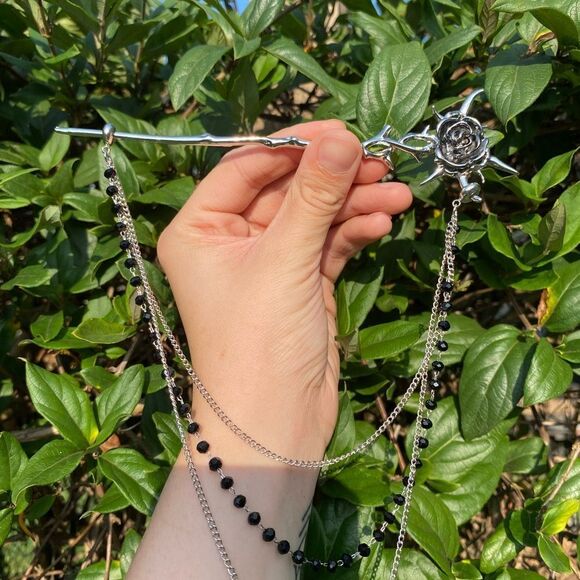 Gothic Rose Hairpin & decorative Chain engraved details Silver Tone New - Picture 2 of 8